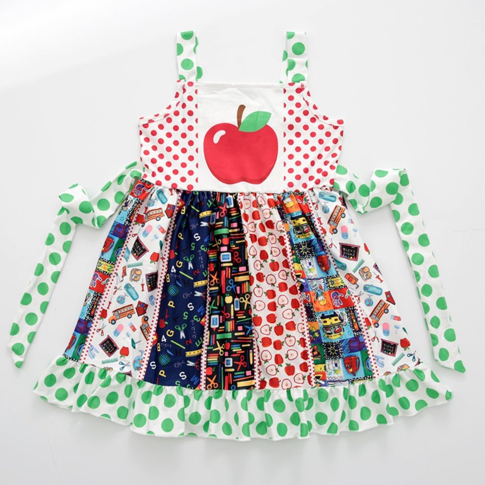 Boutique Back to School Apple Girls Sleeveless Panel Twirl Dress